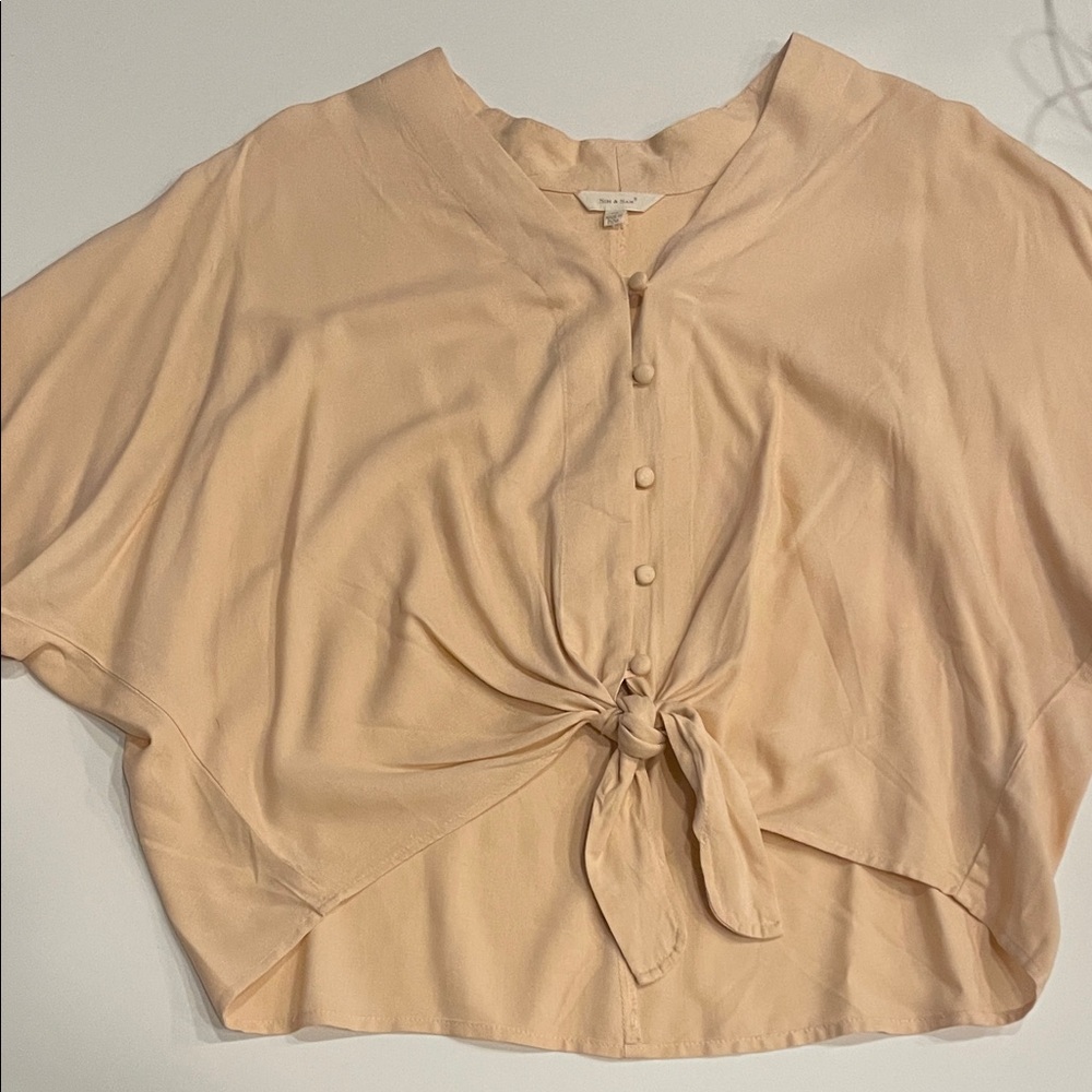 Chic Beige Button-Down Tie-Front Blouse
